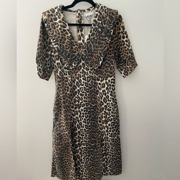 Ganni Leopard Print Midi Denim Dress 38 - Picture 6 of 13